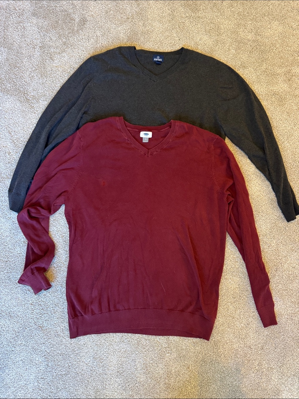 Old Navy V-Neck Sweaters in Burgundy and Charcoal Gray